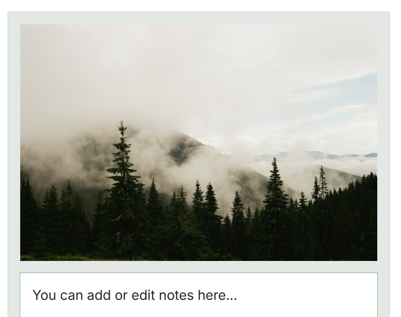 Project board page of page image and editable text field, mobile view